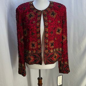 NWT Vintage Adrianna Papell evening beaded silk 90s jacket gold black Sz XL